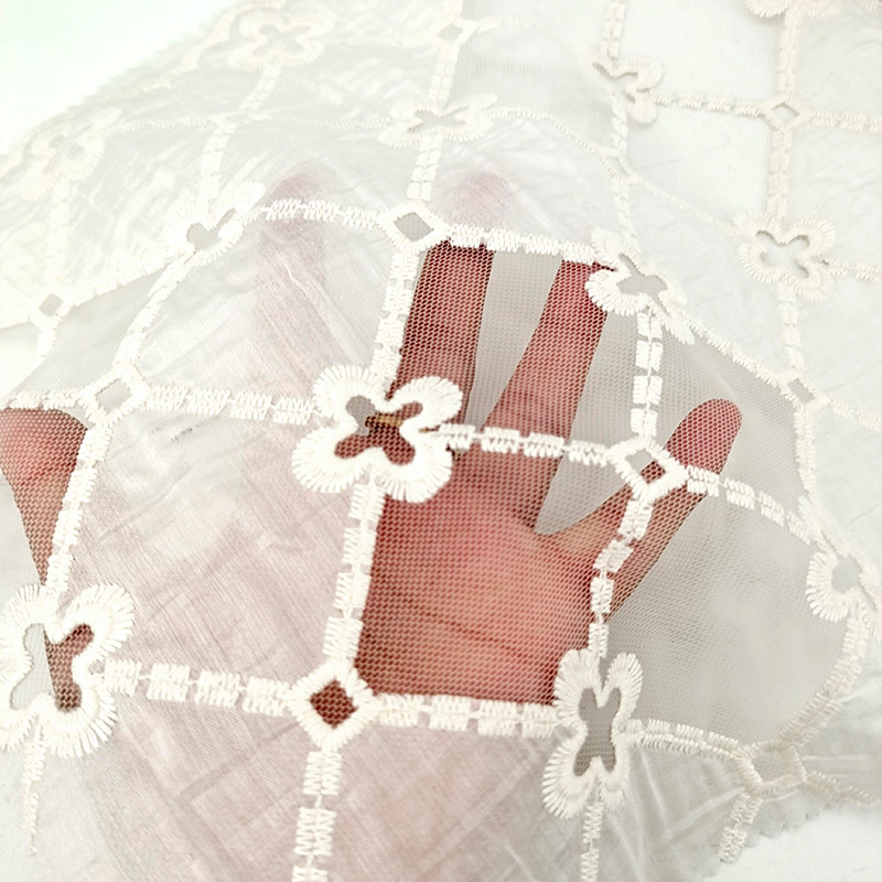 Premium Soft 100% Cotton Fabric with Floral Embroidery Lace - Wedding Dress DIY Craft Textile